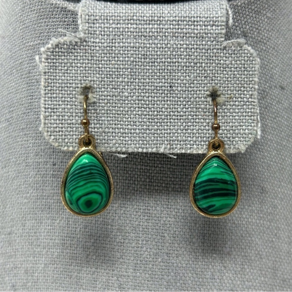 Faux Malachite Stone Green and Black Striped Teardrop Lightweight Dangle Earring